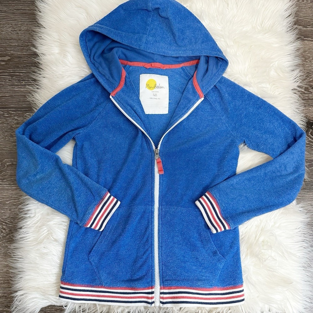 Mini Boden Girls Toweling Hoodie Terry Full Zip Size 9-10y Blue Beachy Pool‎